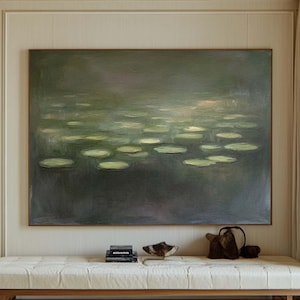 Green Texture Wall Art Abstract Lotus Leaf Painting Green Water Lily Painting Large Abstract Canvas Art Lotus Pond Texture Oil Painting