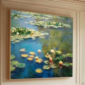 Textured Water Lily Pond Oil Painting: Monet Inspired Floral Landscape Art