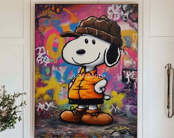 Colorful Snoopy Graffiti Canvas Art Large Cartoon Pop Painting Modern Bright Street Wall Art Decor