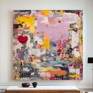 Large Abstract Graffiti Pink Painting Vibrant Pop Art Canvas Colorful Abstract Graffiti Wall Art Modern Textured Painting Fashion Street Art