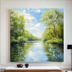 Green Lake Landscape Oil Painting: Abstract Nature Art, Rustic Farmhouse Decor