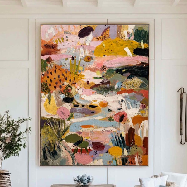 Lebendige abstrakte Naturszene Malerei Bunte Garten Landschaft Kunst Große Warme Strukturierte Leinwand Kunst