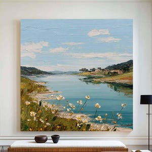 Abstract Lake Landscape Oil Painting: Blue Green Countryside Art