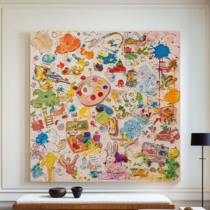 Könnte beinhalten: Ein großes quadratisches Leinwandgemälde mit einer dichten Komposition aus bunten, verspielten Kritzeleien, darunter eine zentrale Farbpalette, ein Hase und verschiedene abstrakte Formen in Orange, Blau, Grün und Gelb an einer weißen Wand.