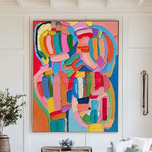 Pintura al óleo abstracta de gran tamaño con textura gruesa y espátula, arte en lienzo, arte mural maximalista colorido.