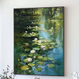Abstract Lotus Pond Oil Painting Large Green Texture Wall Art Vintage Water Lily Painting Flower Wall Art Green Lake Landscape Painting
