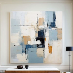Blue Abstract Painting Modern Geometric Wall Art Neutral Textured Canvas Artwork