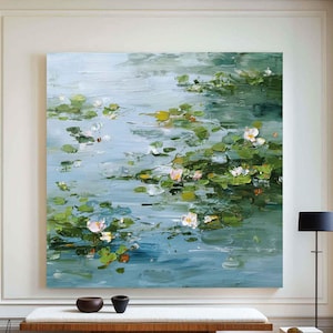 Textured Water Lily Pond Painting Abstract Water Lily Wall Art Blue Landscape Painting Tranquil Nature Wall Art Modern Impressionist Artwork