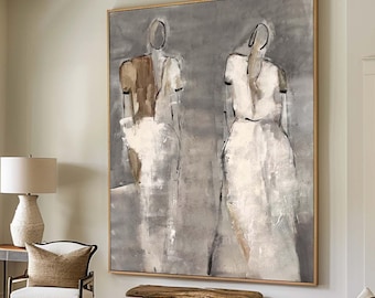 Wabi Sabi Wall Art Woman Figure Painting Abstract People Art Large Grey & Beige Texture Painting Vintage Figurative Canvas Art Neutral Decor