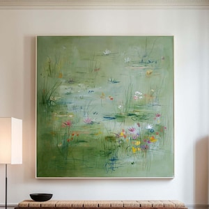 Grünes abstraktes Seerosen-Teich-Ölgemälde große minimalistische botanische Wandkunst-Naturgarten-Blumen-Leinwanddekor