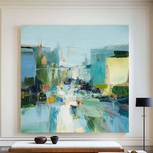 Blue & Green Abstract Texture Painting: Minimalist Canvas Art