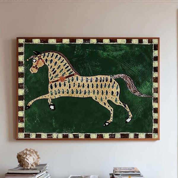 Cuadro grande horizontal de caballo, arte ecuestre vintage para pared, lienzo minimalista texturizado en verde esmeralda.