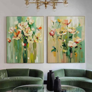 Set di dipinti a olio floreali testurizzati: arte astratta con fiori verdi, decorazione murale moderna