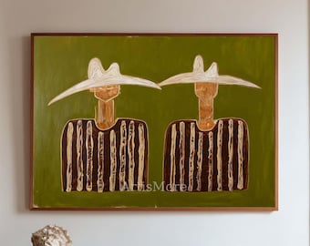 Original Abstract Western Cowboy Oil Painting Two Figures Wall Art Olive Green Minmalist Art Canvas