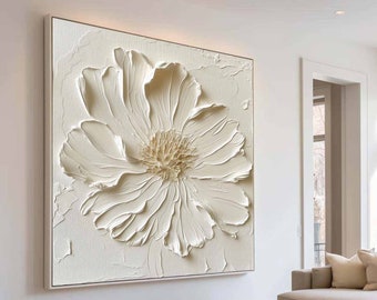 3D Texture Flower Painting on Canvas Large Flower Wall Art Creamy White Minimalist Painting Gold Texture Art Boho Minimalist Floral Art