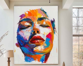 Large Abstract Girl's Face Wall Art Colorful Portrait Texture Painting Abstract Lady Painting Colorful Pop Wall Art Woman Faces Knife Art