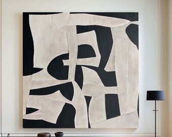 Beige Wabi Sabi pared arte beige negro pintura abstracta negro minimalista pared arte gran textura beige pintura textura neutra arte de la pared
