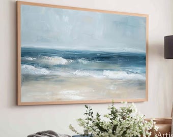 Large Minimalist Seascape Wall Art Blue Beach Landscape Oil Painting Coastal Modern Decor