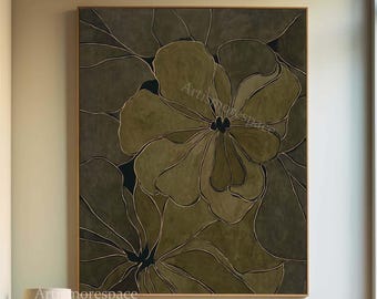 Large Abstract Floral Canvas Art Olive Green & Gold Minimalist Painting Moody Botanical Textured Art