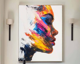 Figure Abstract Painting Colorful Portrait Texture Wall Art Large Abstract Girl's Face Wall Art Woman Faces Painting Colorful Pop Wall Art