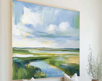 Grande dipinto ad olio raffigurante un paesaggio costiero e una palude, su tela con texture blu e verde.