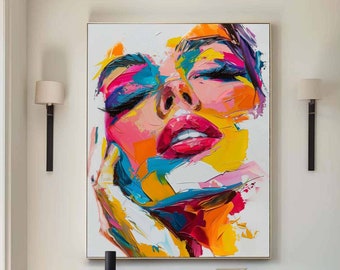 Beauty Girl Face Painting Large Colorful Textured Canvas Art Female Portrait Abstract Painting Woman Abstract Wall Art Modern Wall Decor