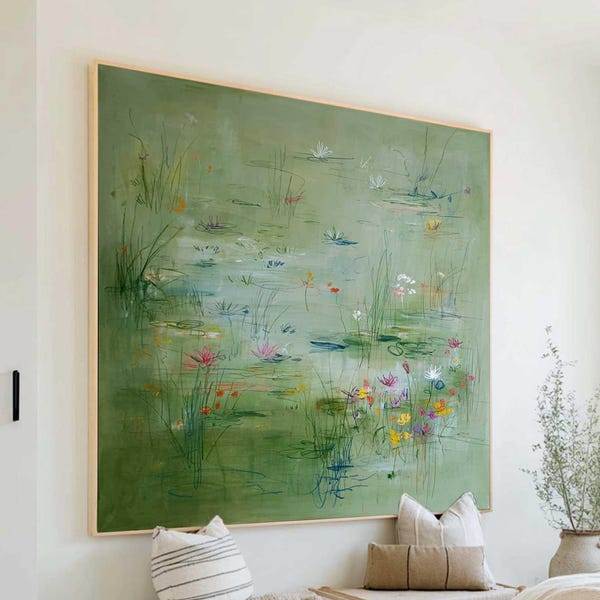 Large Green Water Lily Pond Oil Painting Botanical Landscape Wall Art Modern Nature Canvas