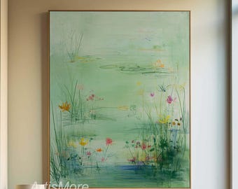 Large Green Wall Art Green Water Lily Pond Painting Colorful Abstract Floral Canvas Art Green Garden Landscape Painting Neutral Home Decor