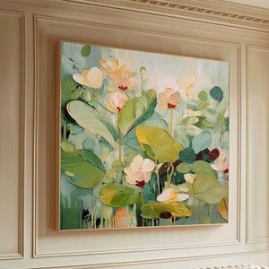 キャンバスに描かれた抽象的な緑の花のテクスチャ絵画 抽象的な花のアート 緑の庭の絵画 大きな緑のテクスチャ壁アート ボヘミアンアートの絵画