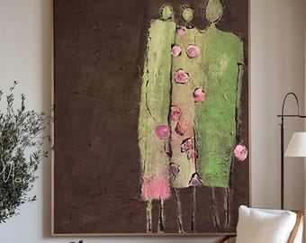 Woman Figurative Canvas Art Large Brown Texture Wall Art Vintage Female Figure Painting Green Abstract Portrait Art Wabi Sabi Wall Art