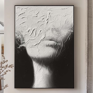 Retrato abstracto de mujer, pintura grande con textura en blanco y negro, arte mural, pintura sin rostro, arte figurativo en lienzo, pintura contemporánea de dama.