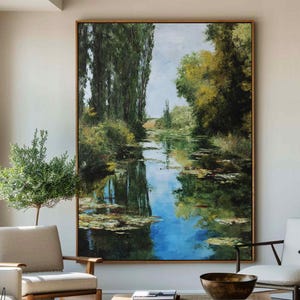 Abstract Lake Landscape Oil Painting: Vintage Countryside Canvas Art