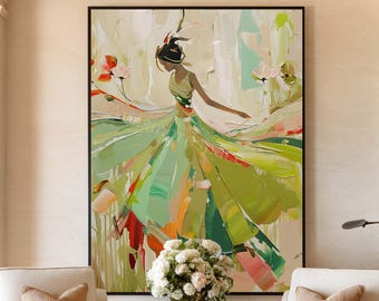 Elegant Dance Wall Art Woman in Green Dress Textured Painting Modern Figurative Canvas