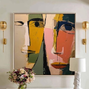Pintura abstracta de retrato con rostro colorido, arte abstracto, pintura al óleo neutra, lienzo de retrato grande, arte de pared texturizado, arte hecho a mano, decoración bohemia