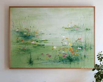 Sage Green Water Lily Pond Abstract Oil Painting Modern Impressionist Floral Canvas Art