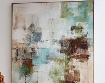 Large Neutral Abstract Painting Contemporary Texture Wall Art Blue & Green Abstract Canvas Art Boho Texture Painting Mid Century Modern Art