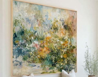 May include: A large rectangular canvas painting featuring an abstract floral landscape with thick, textured brushstrokes in shades of sage green, golden yellow, soft blue, and cream, framed in a light-toned wooden border.