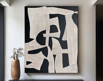 Art mural wabi sabi beige, tableau abstrait beige noir, grand tableau d'art mural minimaliste noir, toile texturée beige, décoration murale neutre