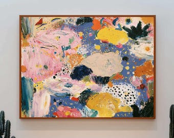 May include: A rectangular canvas painting featuring an abstract composition with thick, textured brushstrokes in shades of pink, yellow, blue, orange, and black. The artwork displays organic shapes, splatters, and dots set against a blue background.