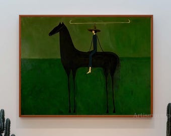 Emerald Green Horse Rider Oil Painting Modern Equestrian Wall Art Luxury Home Decor