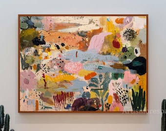 Vibrant Abstract Landscape Oil Painting Whimsical Nature Wall Art Large Pink Textured Canvas