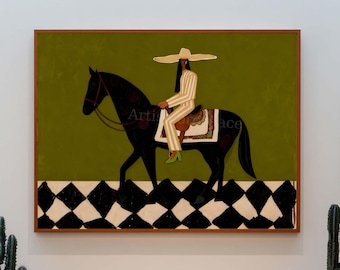 Olive Green Horse Rider Oil Painting Western Cowgirl Wall Art Equestrian Artwork