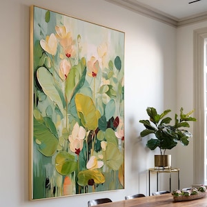 Textured Flower Abstract Painting Green & Pink Botanical Wall Art Abstract Floral Art Green Garden Painting Boho Modern Home Decor