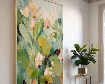 Large Textured Floral Abstract Painting Green Botanical Wall Art Boho Garden Minimalist Canvas