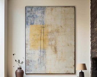 Beige Abstract Minimalist Painting Wabi Sabi Wall Art Large Beige and Blue Textured Wall Art Neutral Mid-Century Modern Canvas Art