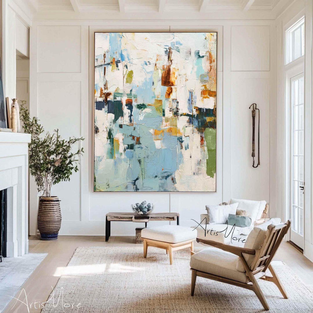 Large Abstract Light Blue Textured Canvas Painting Modern Minimalist ...