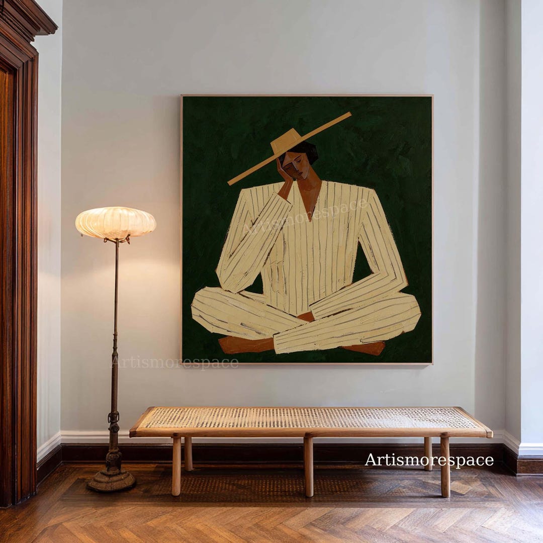 Large Minimalist Woman Portrait Canvas Art Dark Green Textured Painting ...