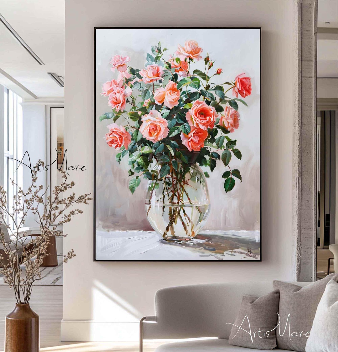 Floral Original Art Roses Canvas Painting Soft Pink Roses Wall Art ...