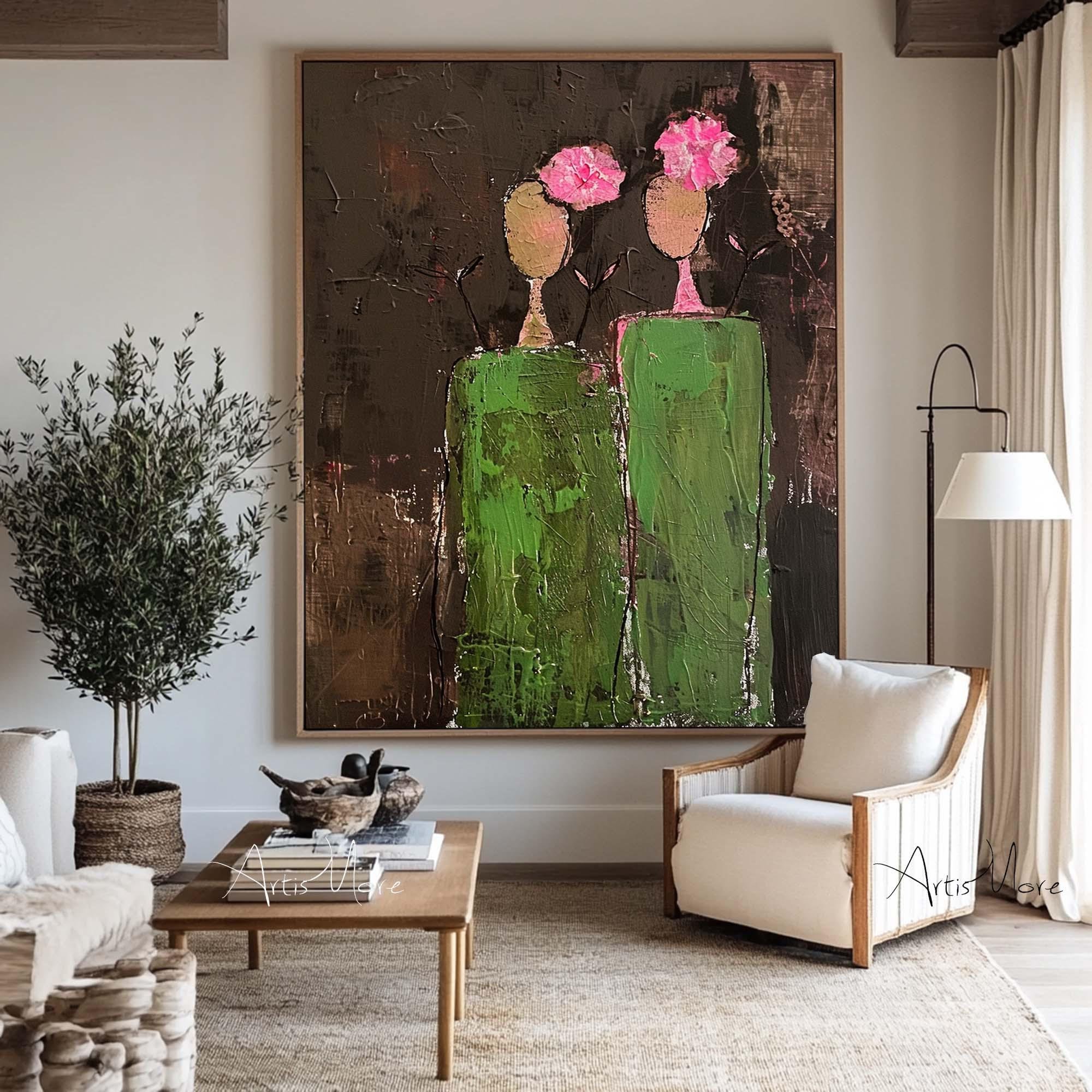 抽象的な女性像の絵画 大きな茶色と緑のテクスチャ絵画 ヴィンテージの 