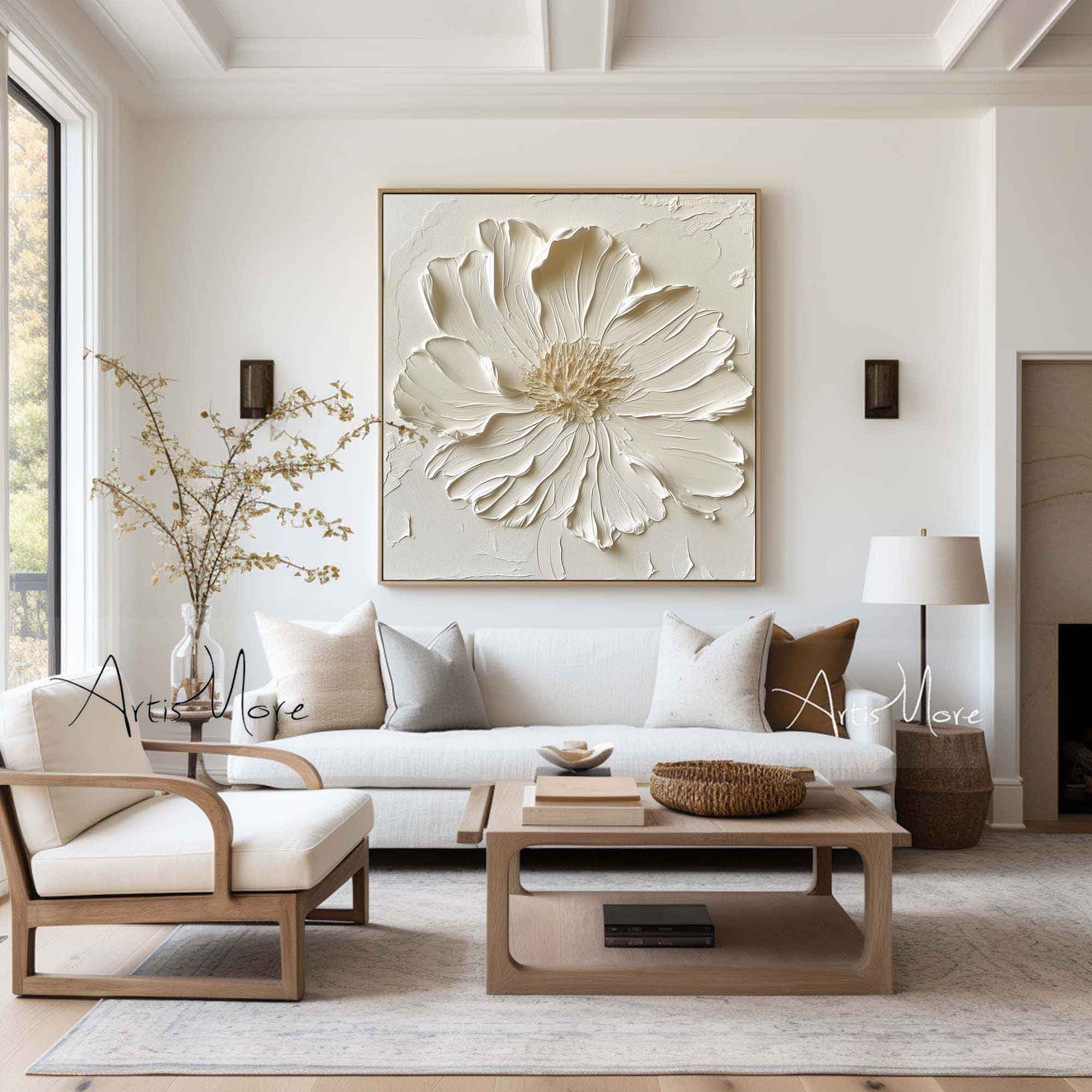 3D Texture Flower Painting on Canvas Large Flower Wall Art Creamy White Minimalist Painting Gold Texture Art Boho Minimalist Floral Art